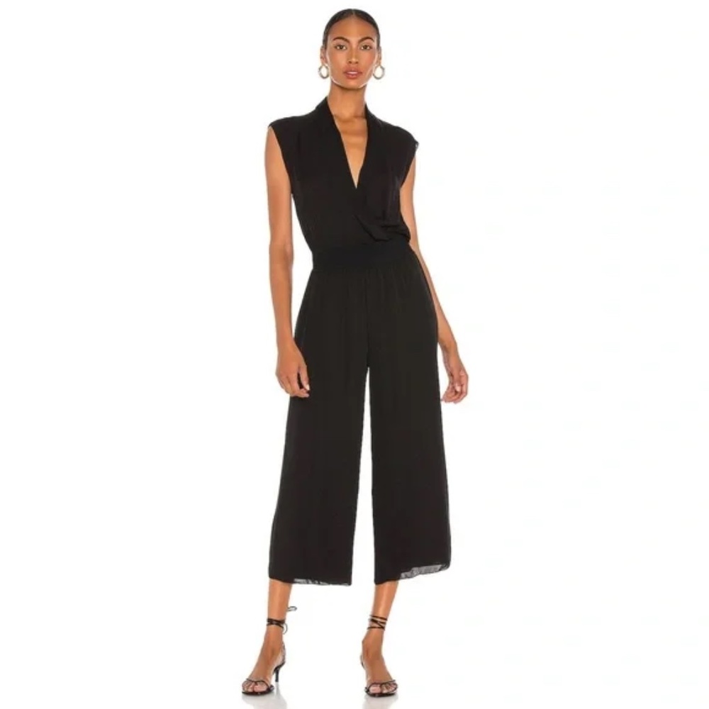 THEORY Draped SILK Combo Wide Leg Cropped Jumpsuit Navy Blue S